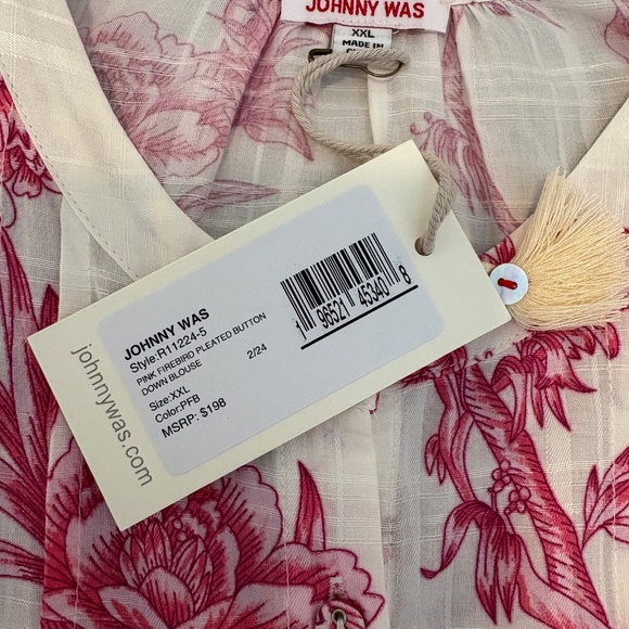 Johnny Was PINK FIREBIRD PLEATED BUTTON DOWN BLOUSE, XXL - Picture 8 of 10